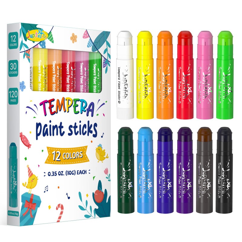 JUPITEARTH 12 Colors Tempera Paint Sticks with 120 PDF Coloring Pages and 30 Stickers  Quick Drying  Smooth  Non-Toxic and Washable Paint Sticks for Kids  Art Supplies for Drawing on Various Objects - Image 1